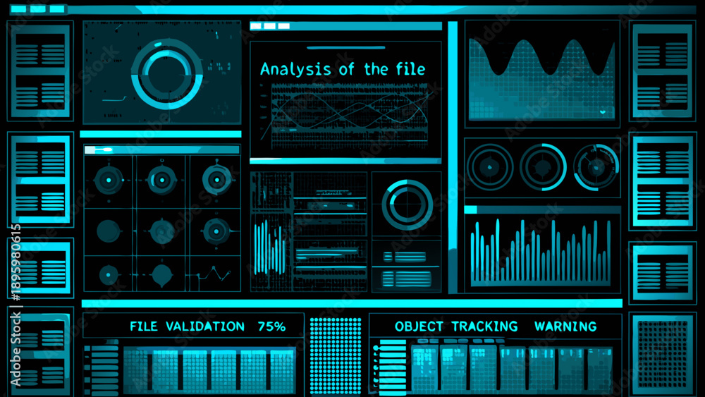 Obraz premium Abstract digital interface displaying data analysis and system monitoring elements