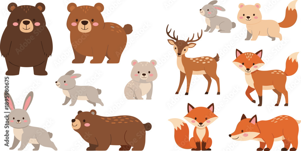 Fototapeta premium Cute Forest Animal Characters Set With Bear Rabbit Deer Fox And Woodland Creatures Cartoon Vector Illustration
