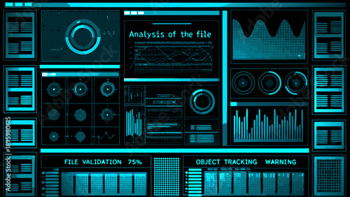 Abstract digital interface displaying data analysis and system monitoring elements
