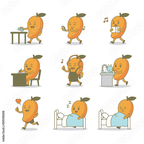 Cute mango character mascot set showing daily routine activities like cleaning reading writing sleeping and exercising isolated on white background vector illustration