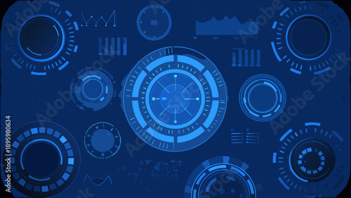 Abstract blue background featuring various technological interface elements