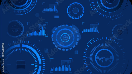 Abstract blue background featuring technological radar and data visualization elements
