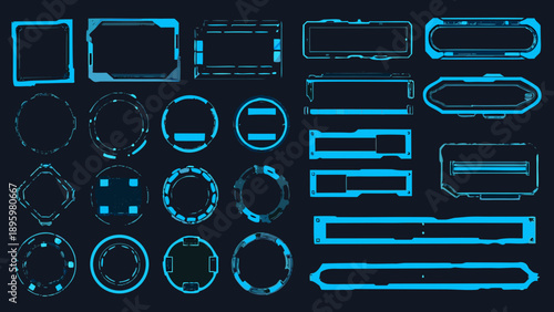 Collection of futuristic user interface elements in bright cyan hues
