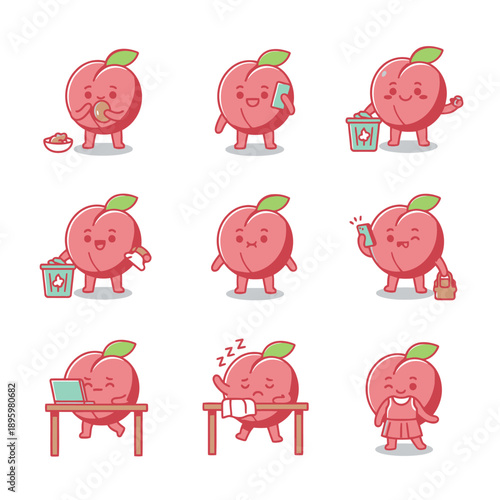 Adorable peach fruit character in various poses including eating calling using laptop working and getting dressed for a healthy lifestyle sticker set