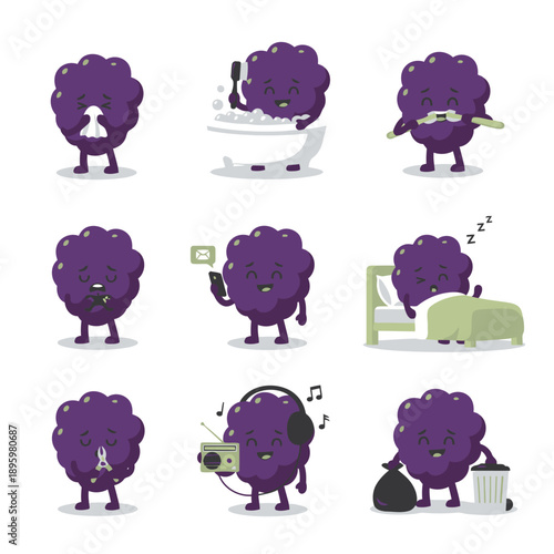 Purple blackberry character mascot performing daily habits such as bathing brushing teeth listening to radio and sleeping vector emoji collection