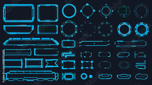 Collection of glowing blue holographic user interface elements on dark background