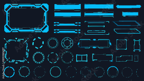 Futuristic user interface elements in bright cyan on a dark background