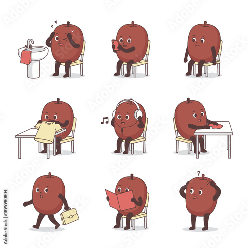 Brown plum or date fruit character mascot set depicting various emotions and activities like reading listening to music and working late vector