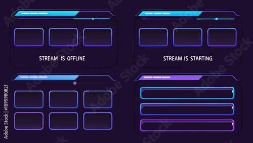 Neon blue stream overlays and panels for broadcasting and online content