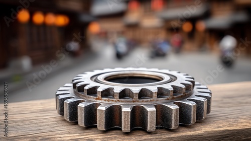 Close-up of two metal gears on a wooden surface.