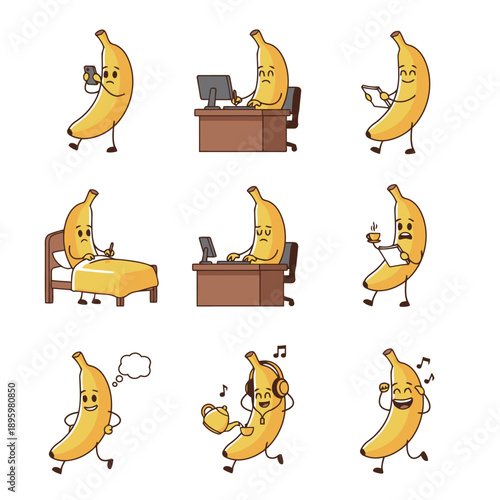 Funny banana character mascot set showing different daily life situations including working at computer sleeping and dancing vector illustration