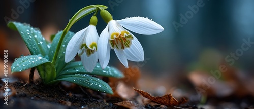Close-up of snowdrop flowers with water droplets on the petals and leaves.