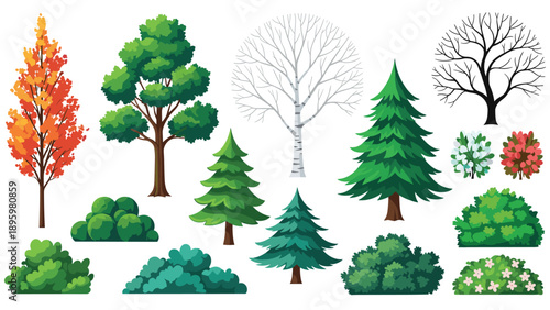 Detailed collection of diverse tree species and bushes in different shapes and seasonal colors for landscape design.