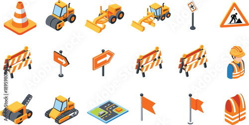 Isometric construction and road work icons set featuring heavy machinery, traffic barriers, warning signs, safety equipment, and infrastructure elements 