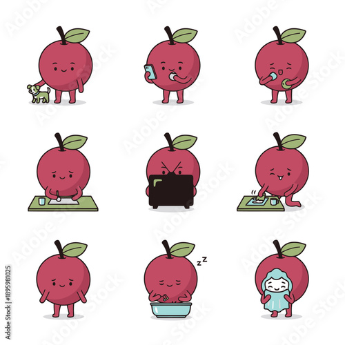 Red apple character mascot collection featuring daily life scenes such as pet care eating studying and household chores vector illustration