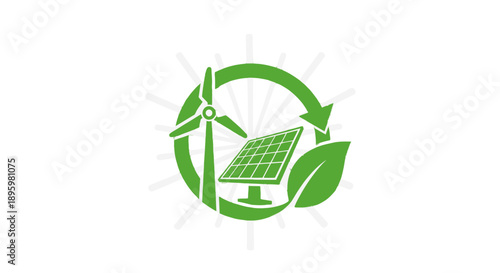 Renewable Energy and Sustainability Icon with Solar Panel and Wind Turbine.