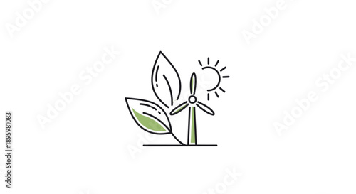 Simple Line Art Wind Turbine with Leaves and Sun Symbolizing Renewable Energy.