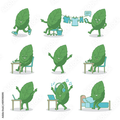 Green leaf character mascot set showing daily chores like laundry writing at desk and relaxing in bed vector sticker collection