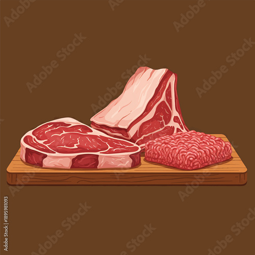 Assortment of Raw Meat Cuts and Ground Beef on a Wooden Board