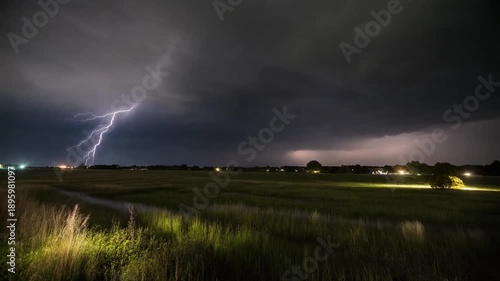 Lightning Strikes Rural Landscape At Night.