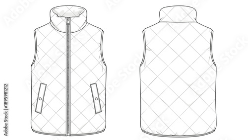 Front and back technical sketch of a quilted puffer vest with a high collar and zipper closure for outerwear design.