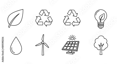 Set of Simple Line Icons Representing Eco-Friendly Concepts and Renewable Energy Sources.