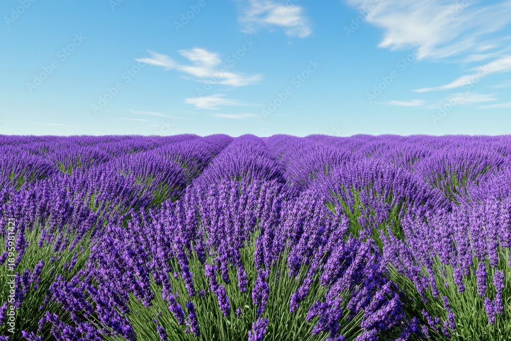 Fototapeta premium Fields of vibrant lavender stretch beneath a clear blue sky in summer bloom
