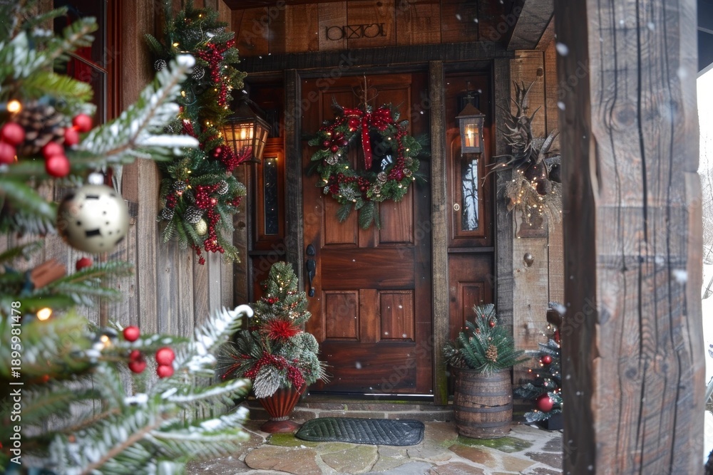 Obraz premium Festive christmas decorations adorn a rustic wooden door of a cozy cabin, creating a warm and inviting atmosphere during a gentle snowfall