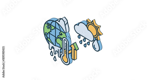 Illustration of Earth crying and sun with rain cloud symbolizing climate change and global warming.
