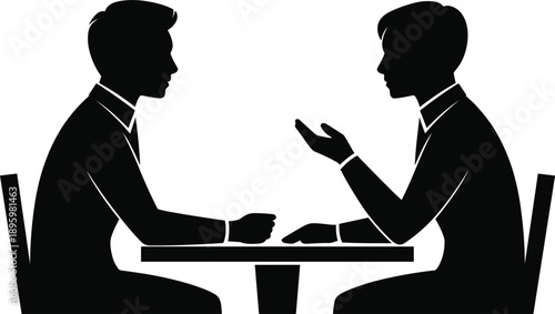 Business negotiation silhouettes of two professionals having discussion at table, partnership meeting concept, corporate communication, strategy talk, interview, teamwork, conflict resolution,
