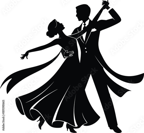 Elegant ballroom dance couple silhouette performing classic waltz or tango, romantic partner dance pose, formal evening wear, graceful movement, isolated on white background