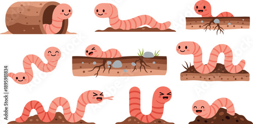 Cute Earthworm Character Set With Soil Poses Underground Cartoon Garden Vector Illustration