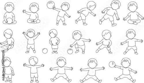 Hand drawn cartoon children playing ball set, cute kid character poses, simple line art doodle illustration for education, animation, preschool, and childhood activities