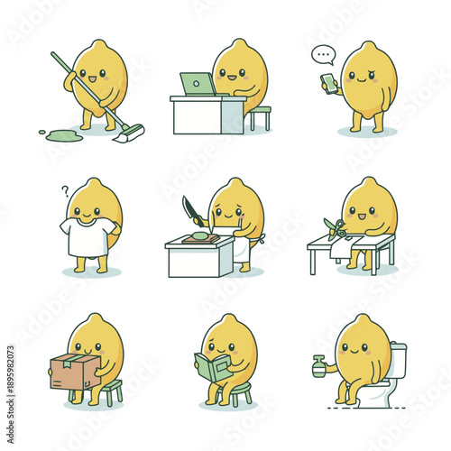 Cute Lemon mascot character set performing various activities, yellow citrus fruit cleaning floor, working, cooking and reading, refreshing fruit illustrations for cleaning products and healthy living