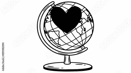 Black heart on a globe illustration viewed from the side on a stand