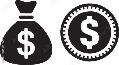 Black and white icons depicting a money bag and a dollar coin
