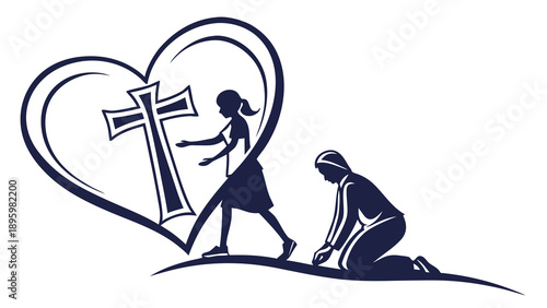 A kneeling figure helping a standing woman carry a large cross within a heart shape, symbolizing faith and devotion