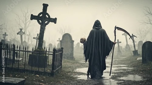 Grim Reaper Walking Away in a Rainy Old Cemetery Holding Scythe