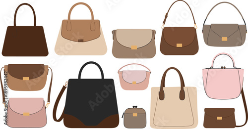 Women Handbag And Purse Collection With Modern Fashion Accessories Flat Vector Illustration