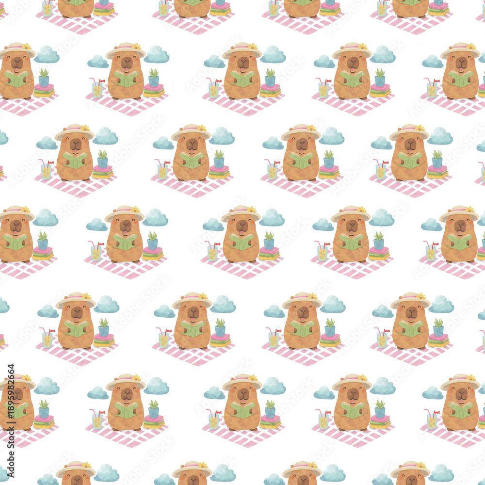 Fototapeta premium Cute Summer Capybara Seamless Pattern, Watercolor Beach Animal Background