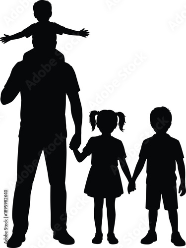 Happy family silhouette with father carrying child on shoulders holding hands with two kids isolated on white background symbolizing love, care, and togetherness