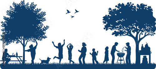 Happy family picnic silhouette in park with parents children barbecue grill trees birds outdoor leisure summer lifestyle illustration