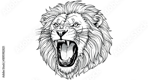 A detailed black and white illustration of a lion's head with its mouth open, set against a clean white background.