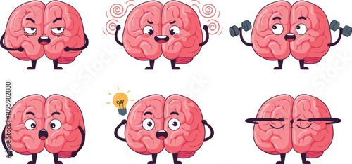 Brain Character Set With Thinking Stress Exercise And Focus Emotions Cartoon Vector Illustration