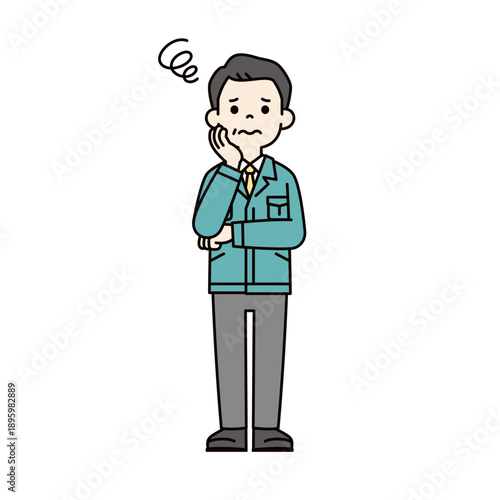 困った表情で腕を組む、中小企業の社長・経営者・工場長の全身ベクターイラスト素材
