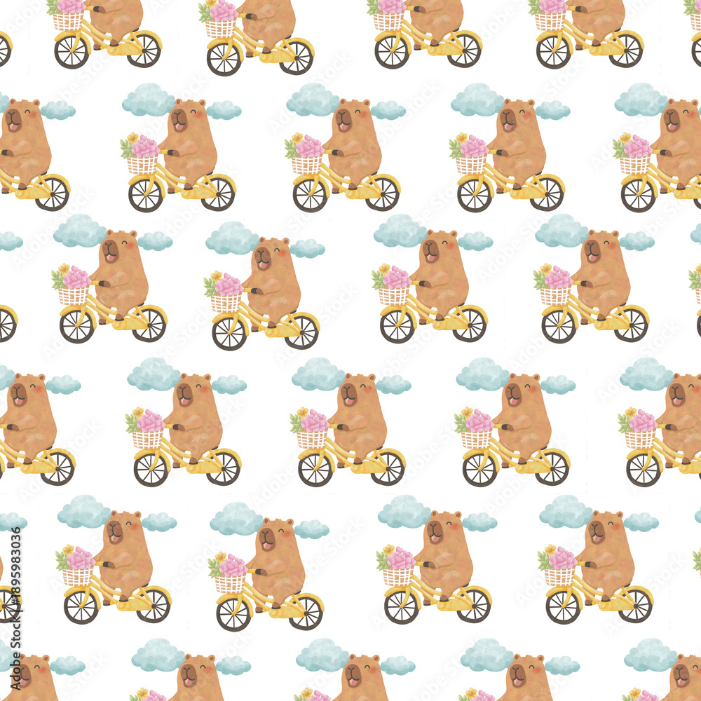 Fototapeta premium Cute Summer Capybara Seamless Pattern, Watercolor Beach Animal Background