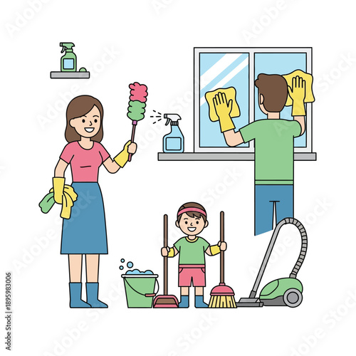 A family, including a mother, father, and child, happily cleaning their home together, with various cleaning tools like a duster, broom, vacuum, and window cleaner.