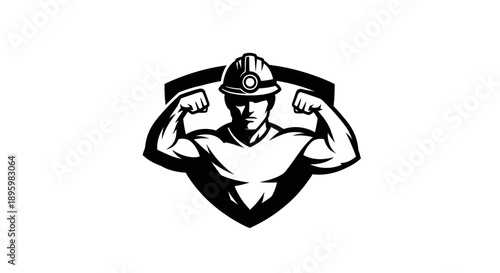 Miner with Hard Hat Flexing Biceps Inside Shield