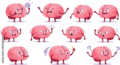 Brain Character Emotions Set With Thinking Stress Confusion And Ideas Cartoon Vector Illustration