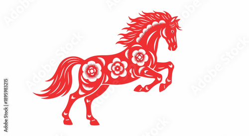 Red horse silhouette with floral patterns on a white background, in a running position, with a simple and elegant design.